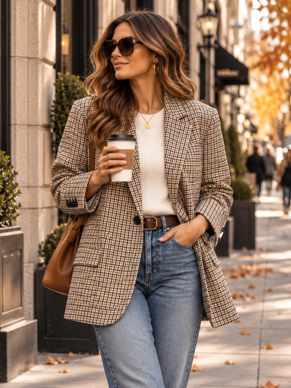 Vince Camuto Houndstooth Plaid Blazer in Tan and Brown